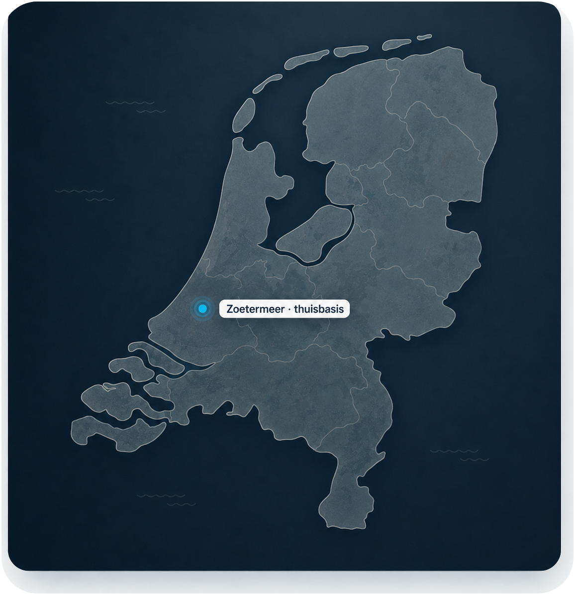 Kaart van Nederland met ons werkgebied in Zuid-Holland en Zoetermeer als thuisbasis